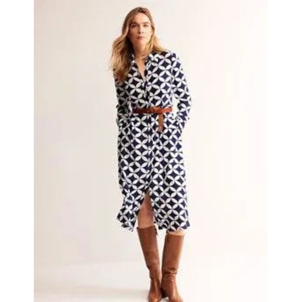Boden Shirt Dress Geometric Petal Print 4R Navy White Belted Long Sleeve Midi - Picture 2 of 9